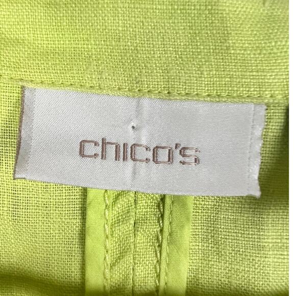 CHICO'S Women's S Lime Green 100% Linen Flyaway Francesca Roll Tab Open Jacket - Picture 6 of 8
